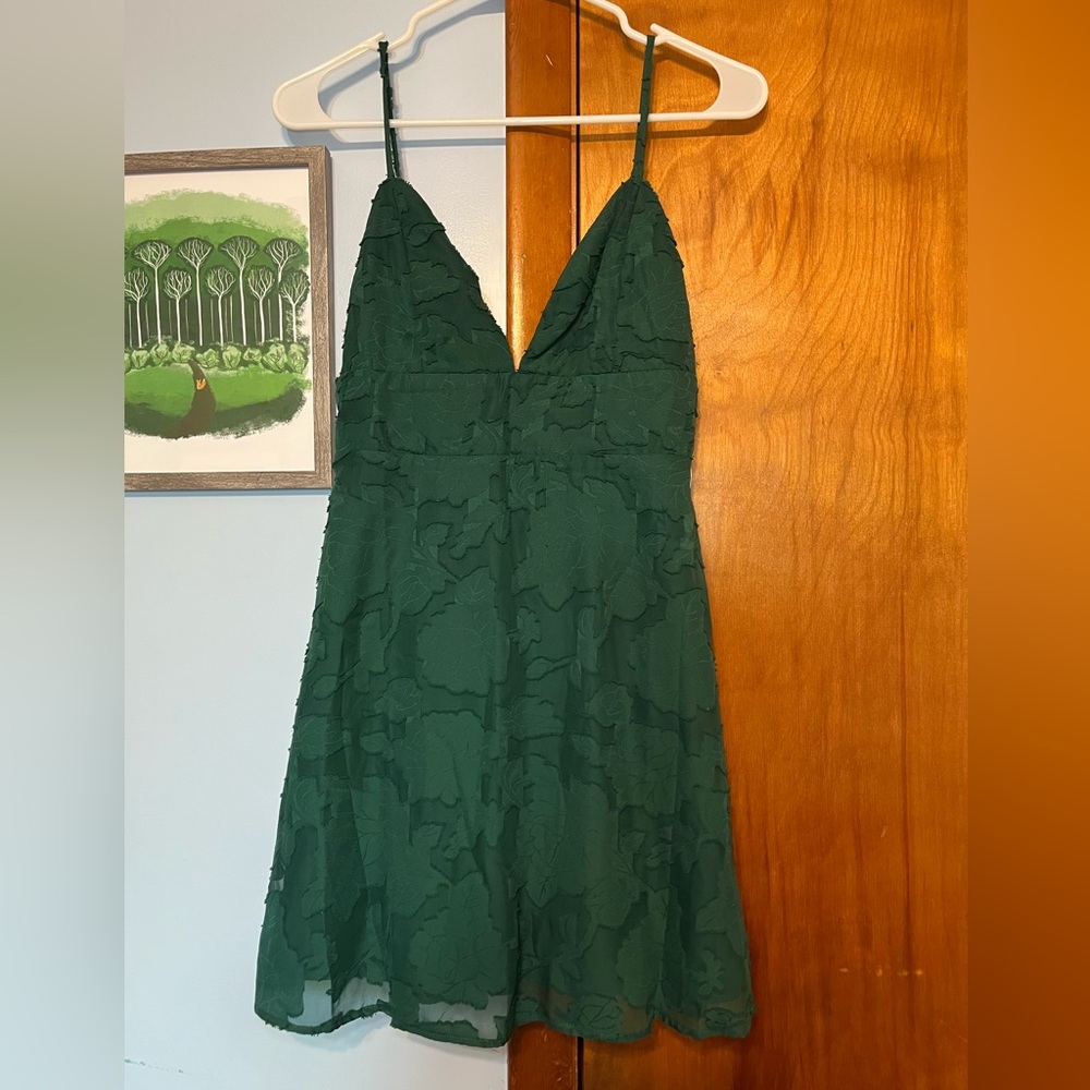 Lulu's Forest Green Strapless Textured V-Neck Dress